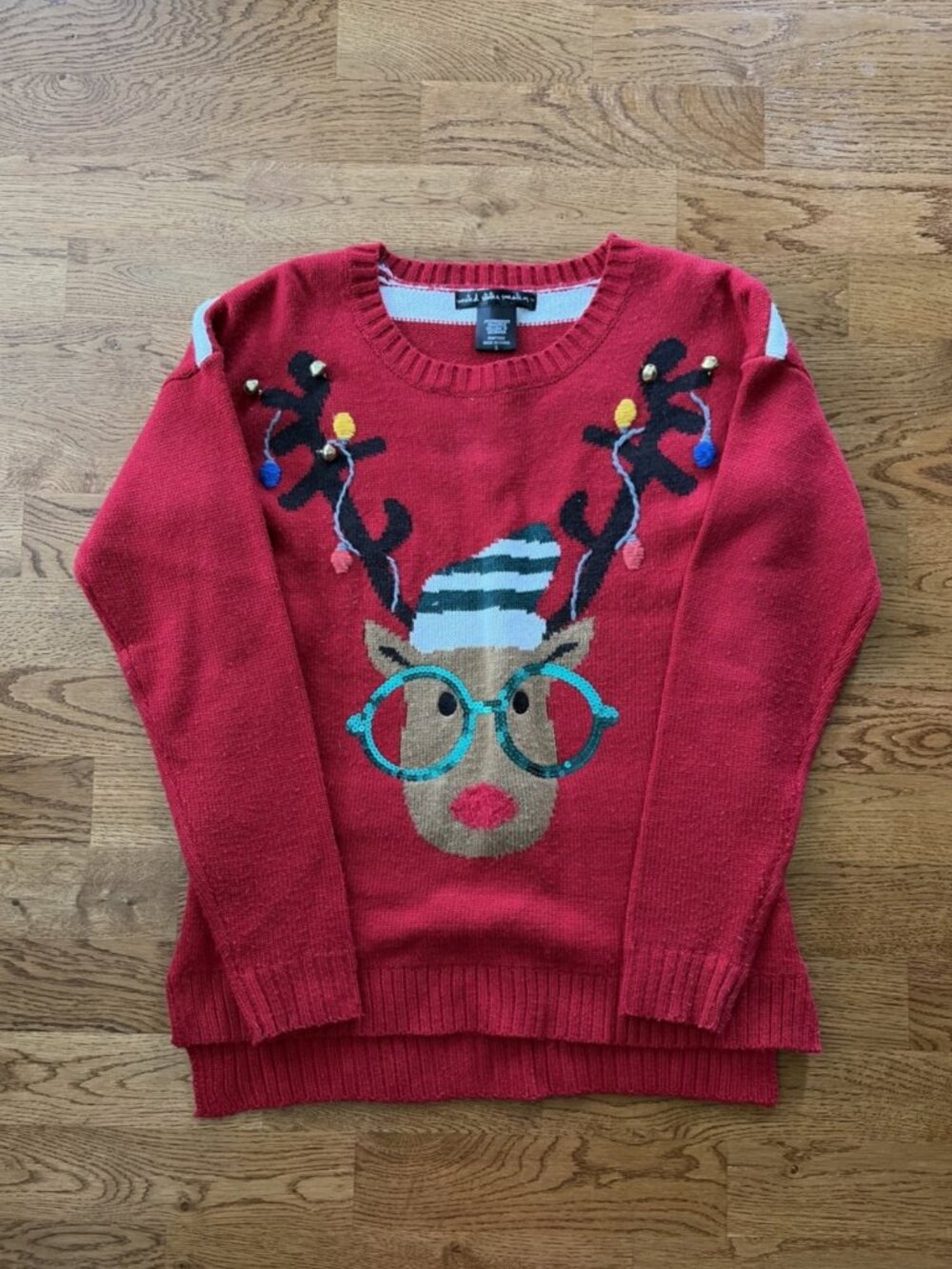 Christmas Sweater S Pullover Holiday Red Reindeer Bells Sequin Stripe Ugly White